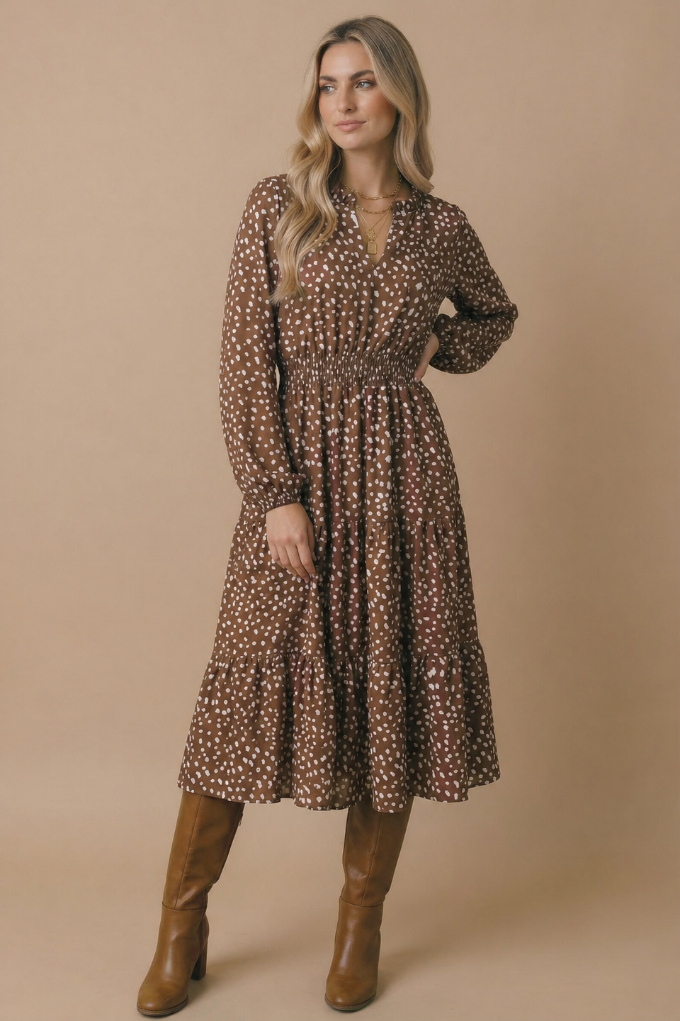 Bambi Print Smocked Waist Tiered Woven Dress