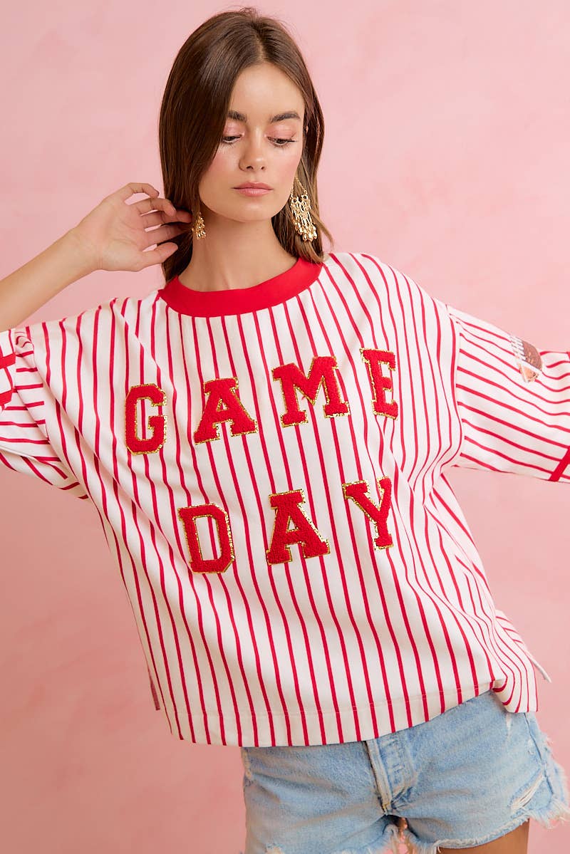 GAMEDAY THEME STRIPE KNIT TOP WITH SLEEVE PATCHED