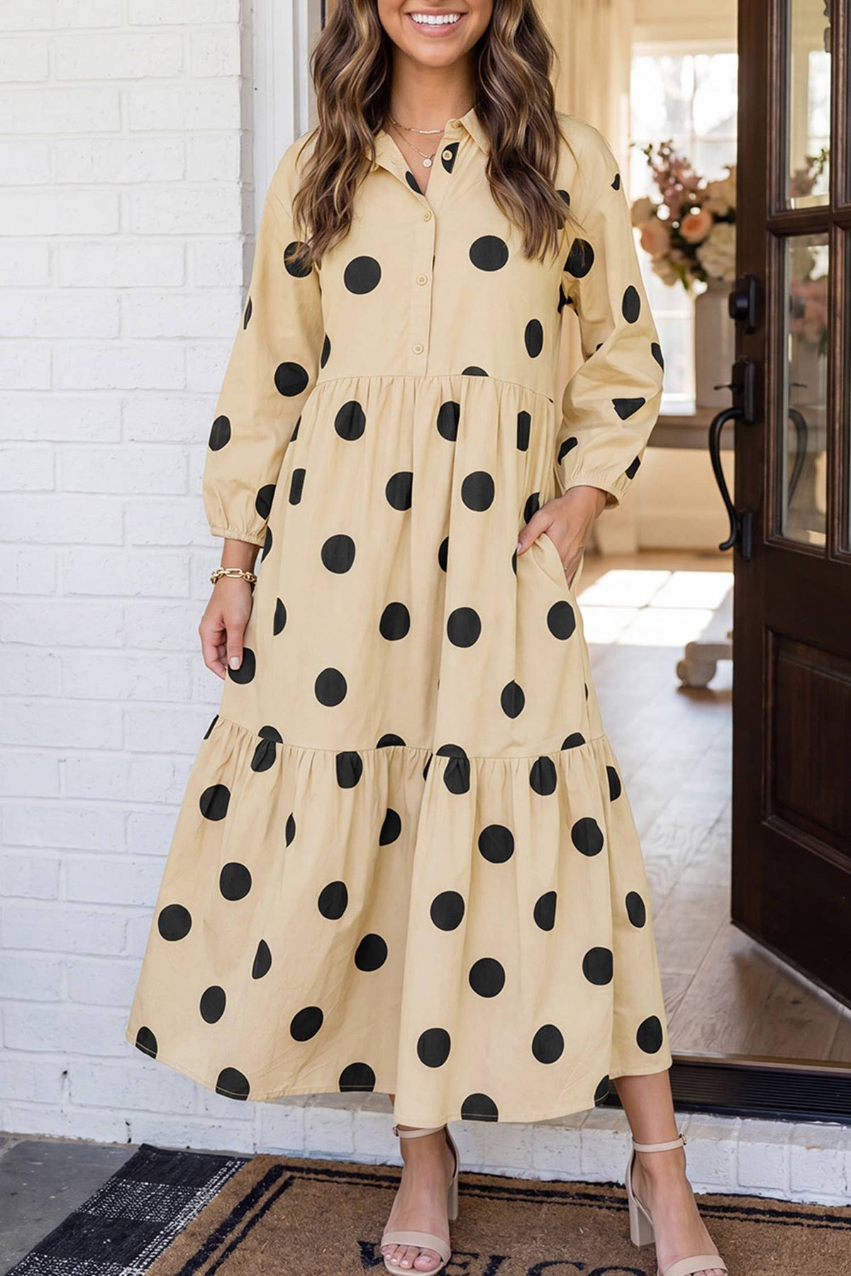 LAS Polka Dot Button Front Casual Shift Midi Dress (S-XL)