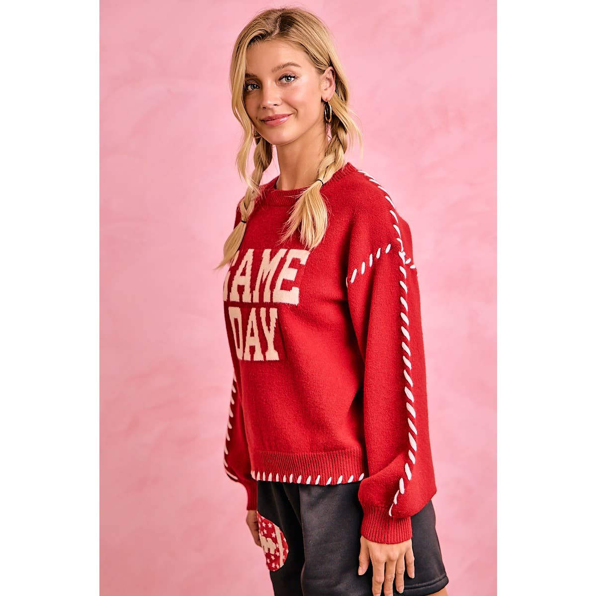GAMEDAY THEME CONTRAST STITCH LONG SLEEVES KNIT TOP