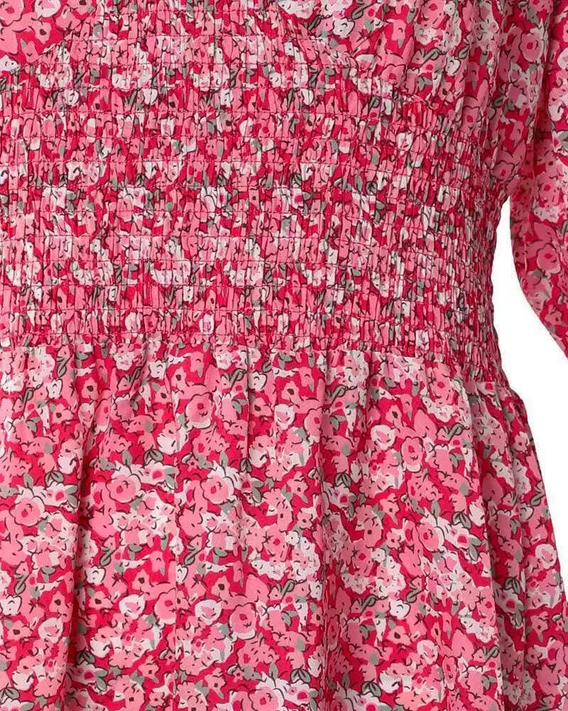 Sleeve ruffle hem shirred ditsy floral print dress