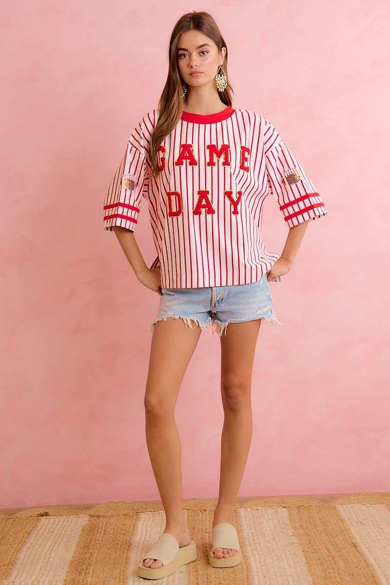 GAMEDAY THEME STRIPE KNIT TOP WITH SLEEVE PATCHED