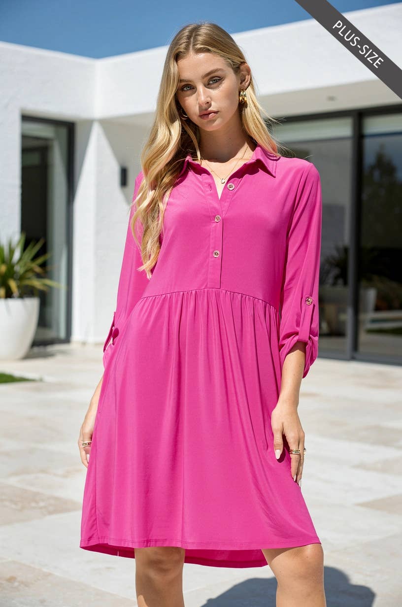 PLUS SIZE Collared Shirt Dress w/ Pockets