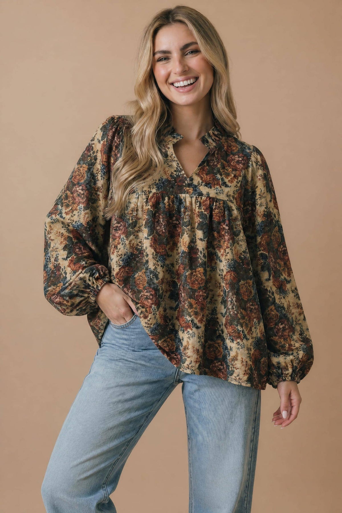 Plus Vintage Floral Bubble Sleeve Woven Blouse