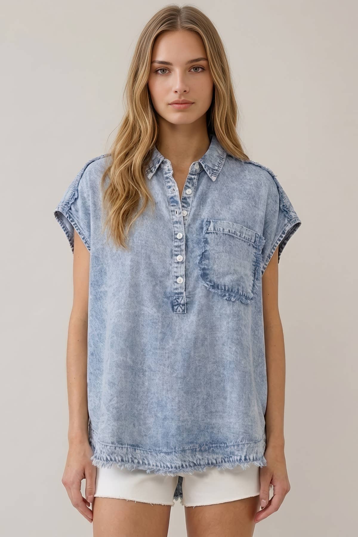 TENCEL DENIM FRAY DETAILED DOLMAN SHORT SLEEVE TOP - 44204T