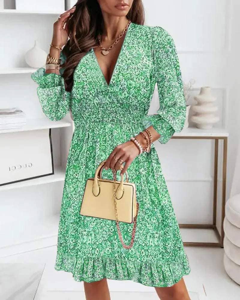 Sleeve ruffle hem shirred ditsy floral print dress