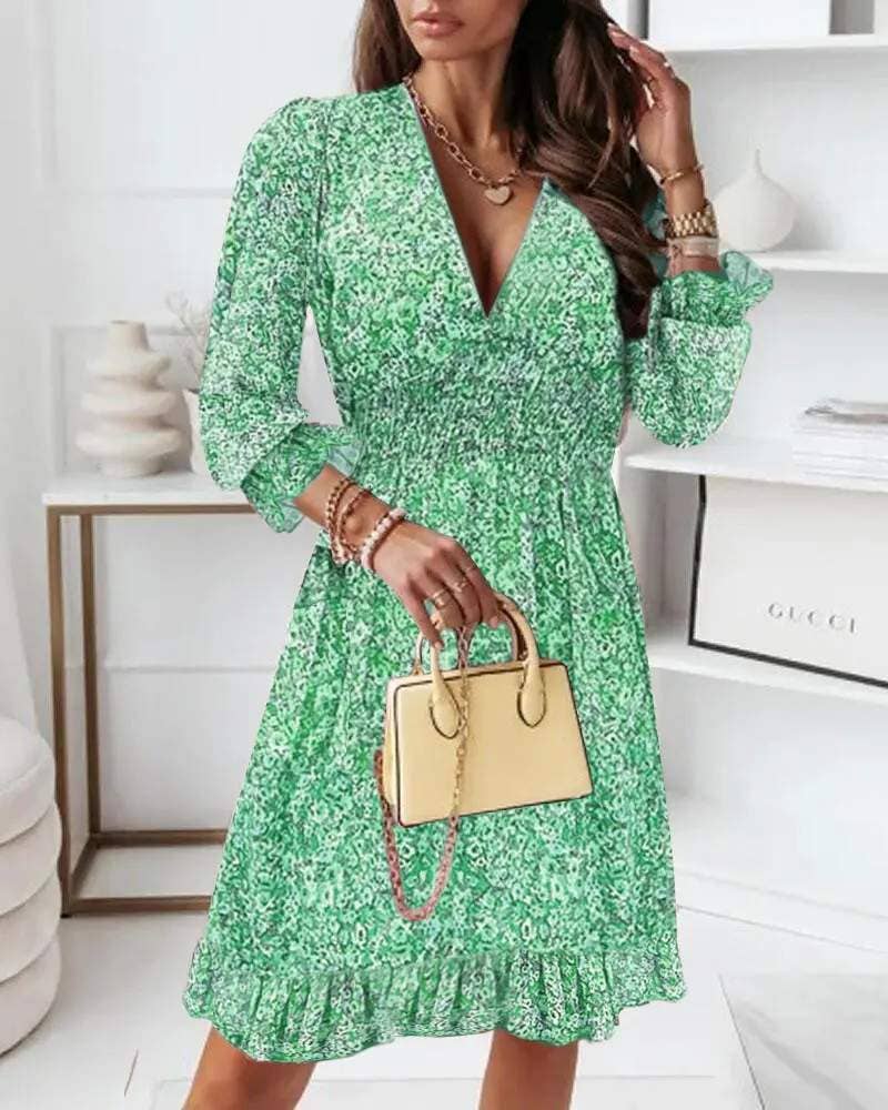 Sleeve ruffle hem shirred ditsy floral print dress