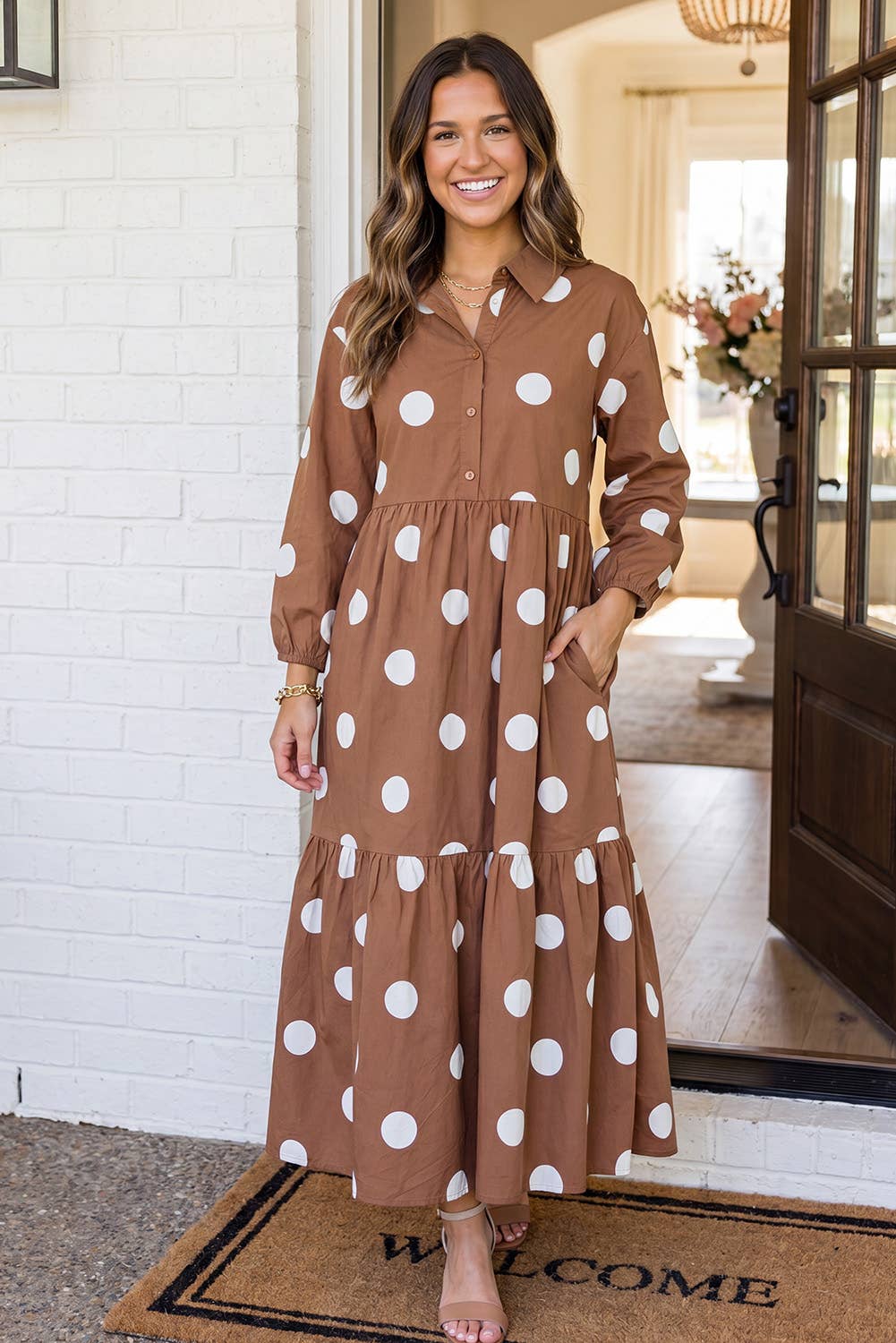 LAS Polka Dot Button Front Casual Shift Midi Dress (S-XL)