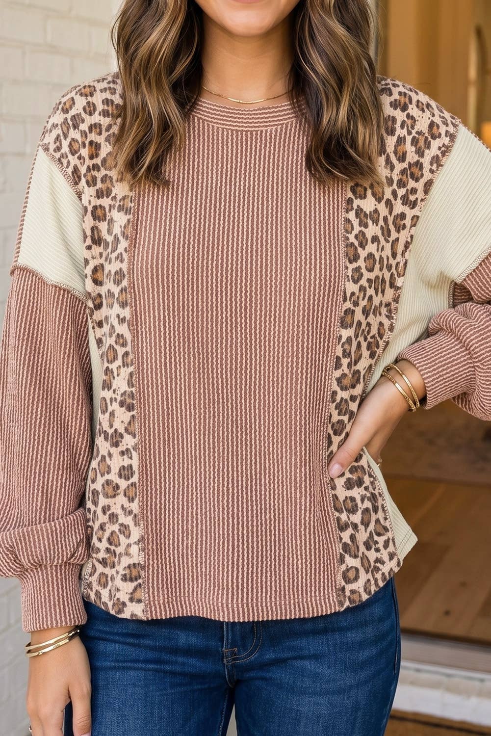 LAS Western Leopard Colorblock Ribbed Knit Blouse (S-XL)