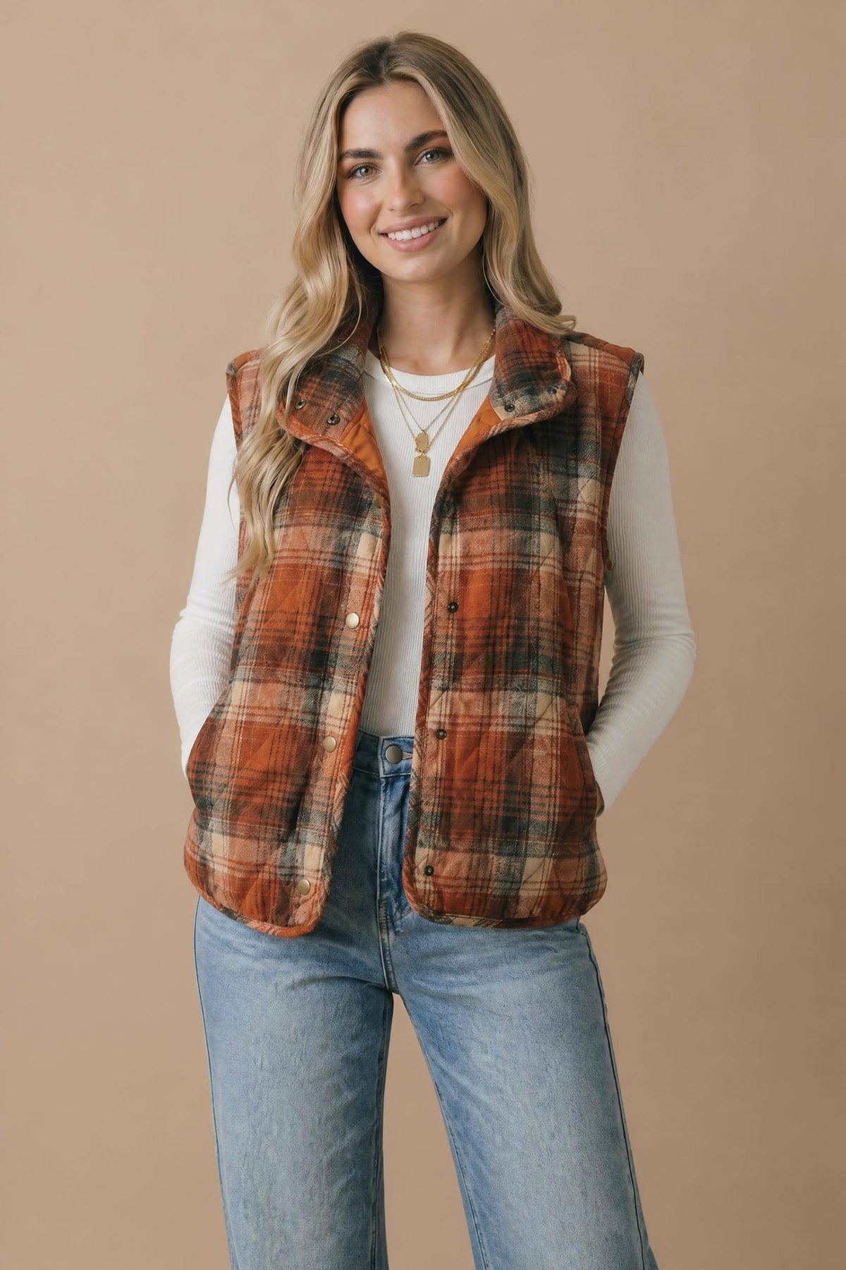 Plaid Quilted Snap Button Puffer Vest