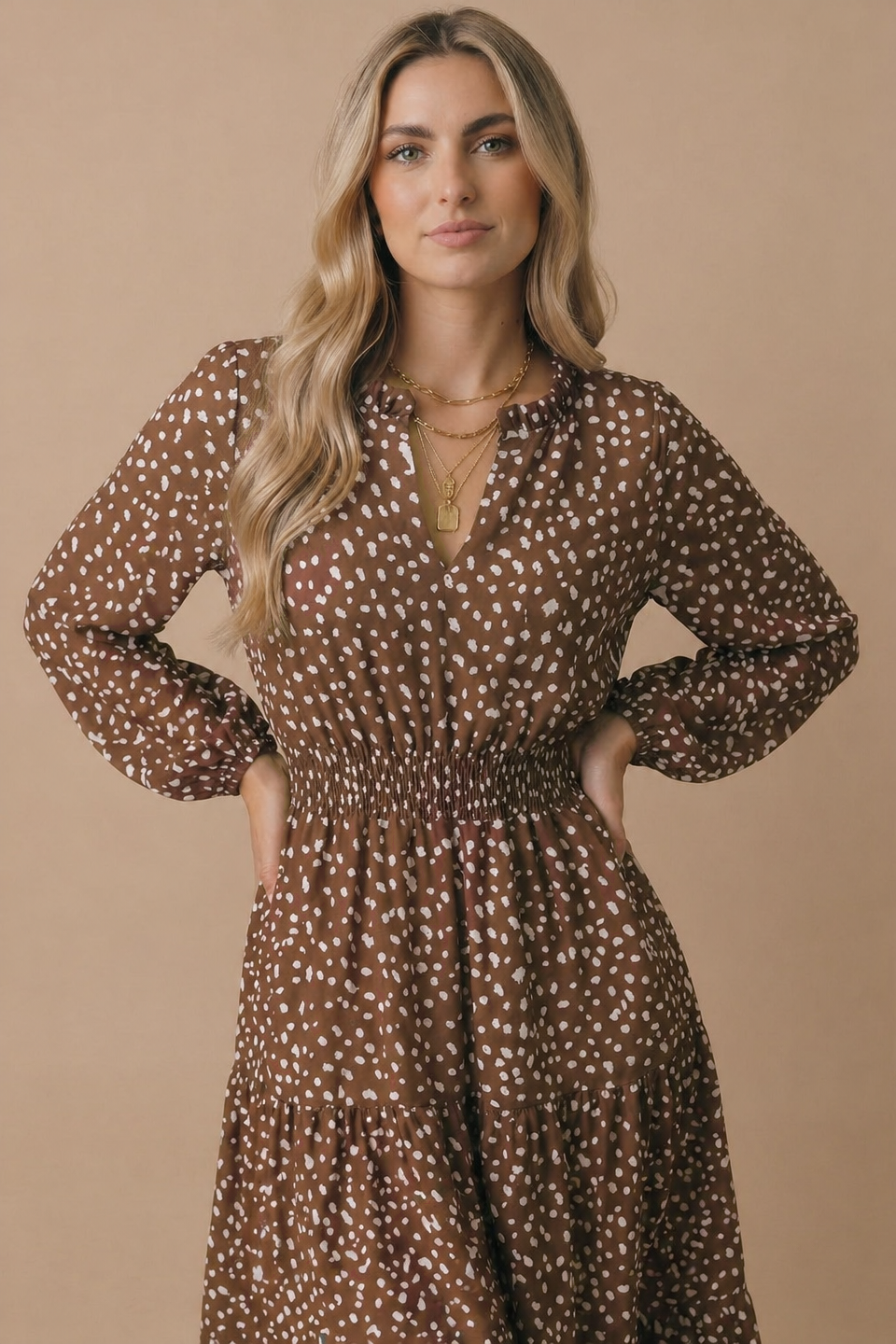 Bambi Print Smocked Waist Tiered Woven Dress