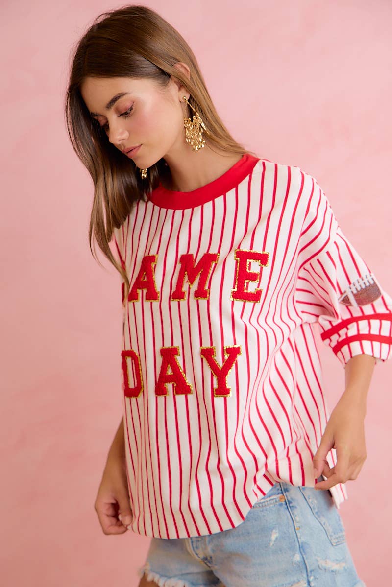 GAMEDAY THEME STRIPE KNIT TOP WITH SLEEVE PATCHED