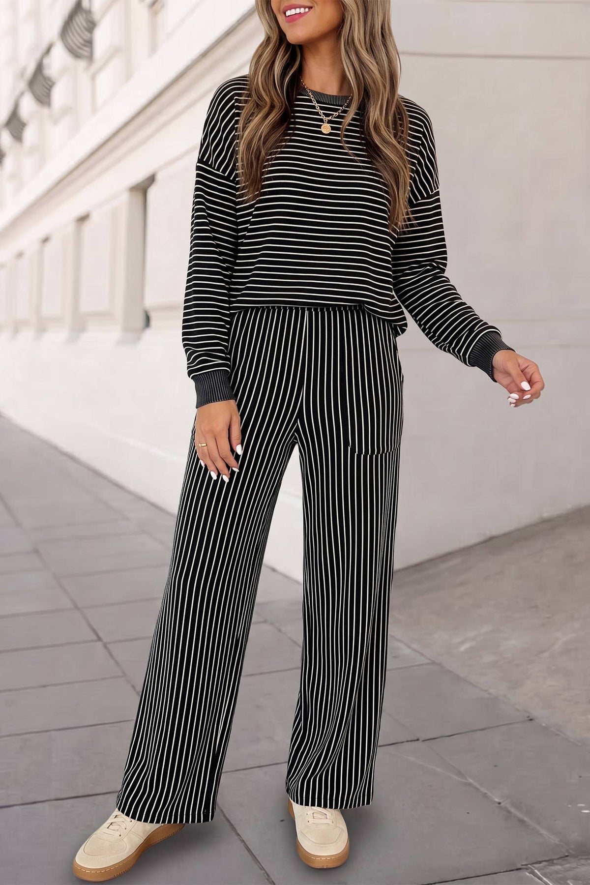Cozy Striped Print Crewneck 2pcs Pants Set | S-XL